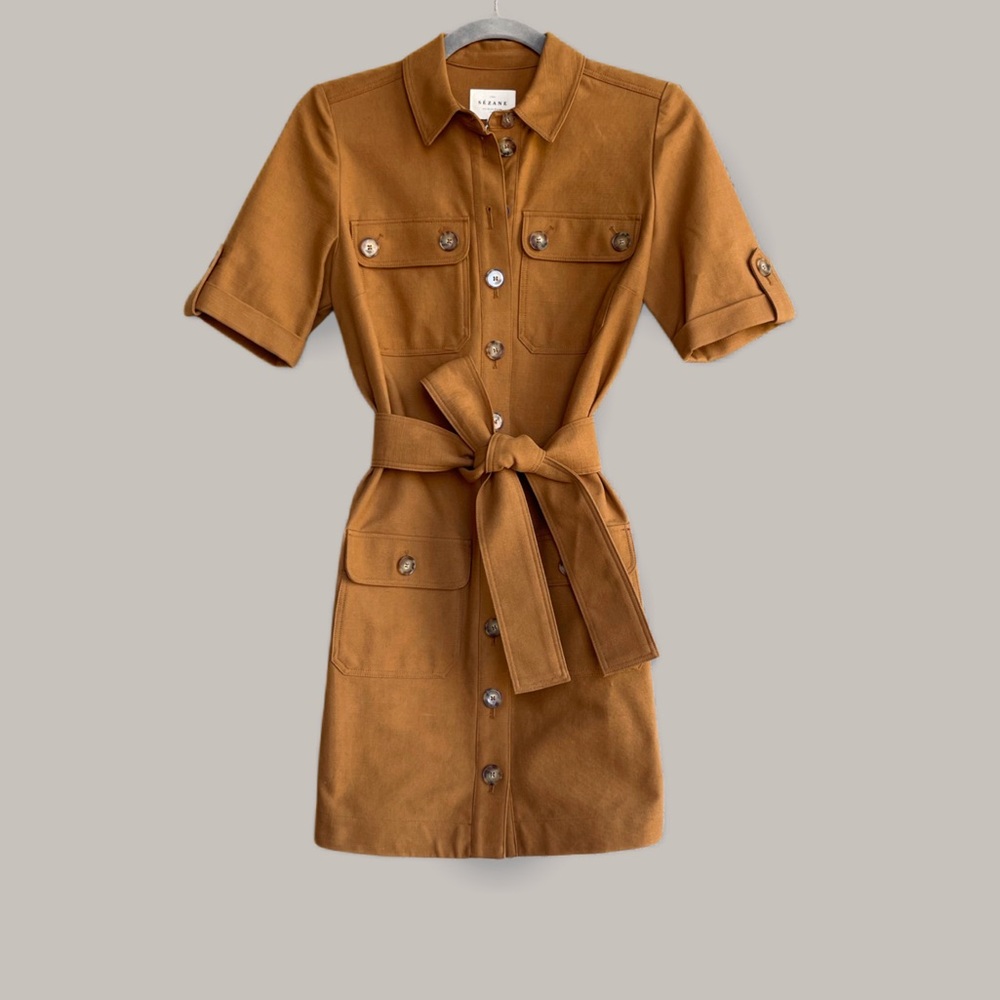 SEZANE NWT Camel Tan Brown Linen Button Down Belted Cargo Jackie Mini Dress